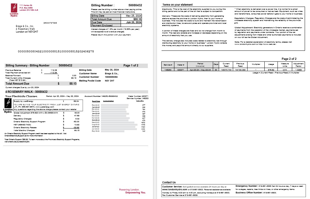 Canada Ontario London Hydro business utility bill Word and PDF template PSD template
